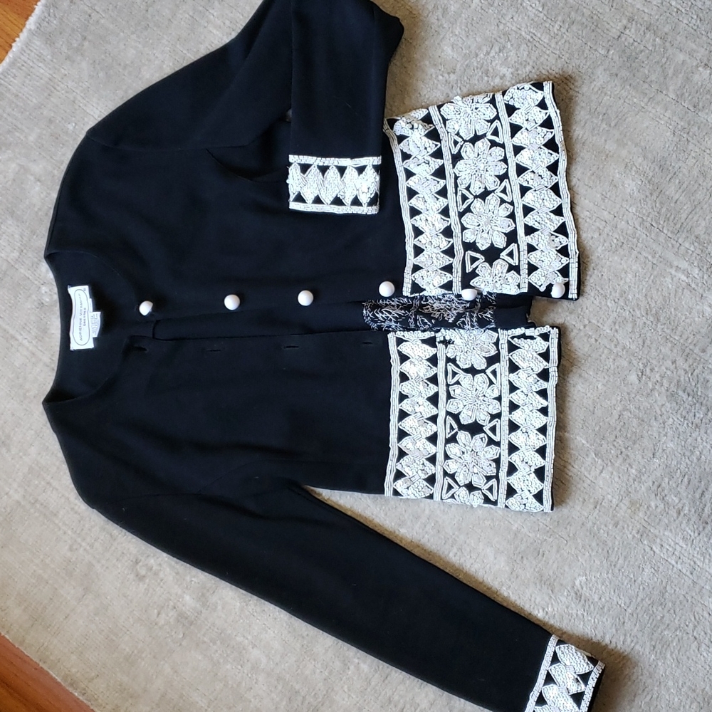 Adrienne Vittadini Black & White Cotton Knit Beaded Embroidered Jacket Size 10